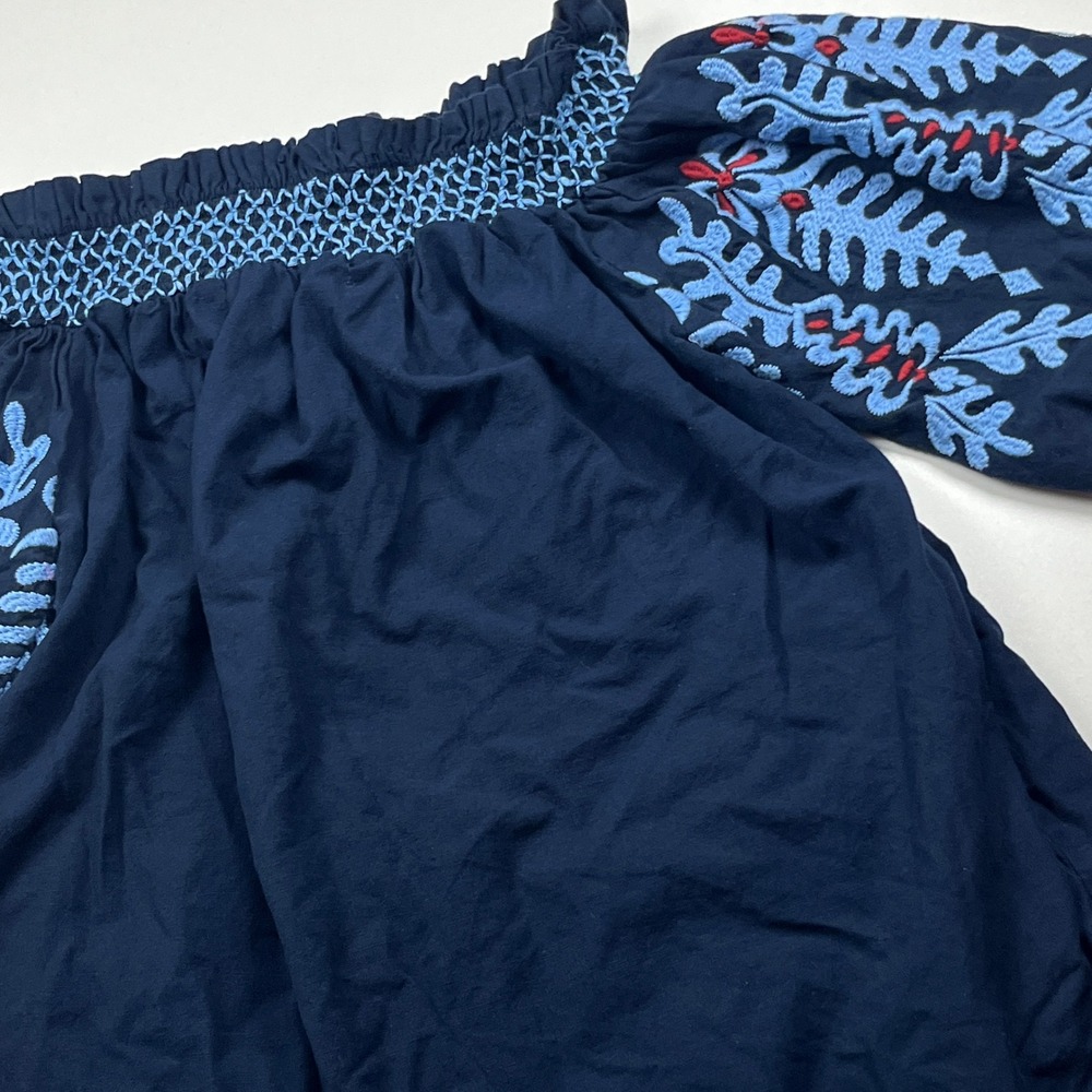 Zara Embroidered Off The Shoulder Puff Sleeve Blouse Size M Navy Linen Blend Top